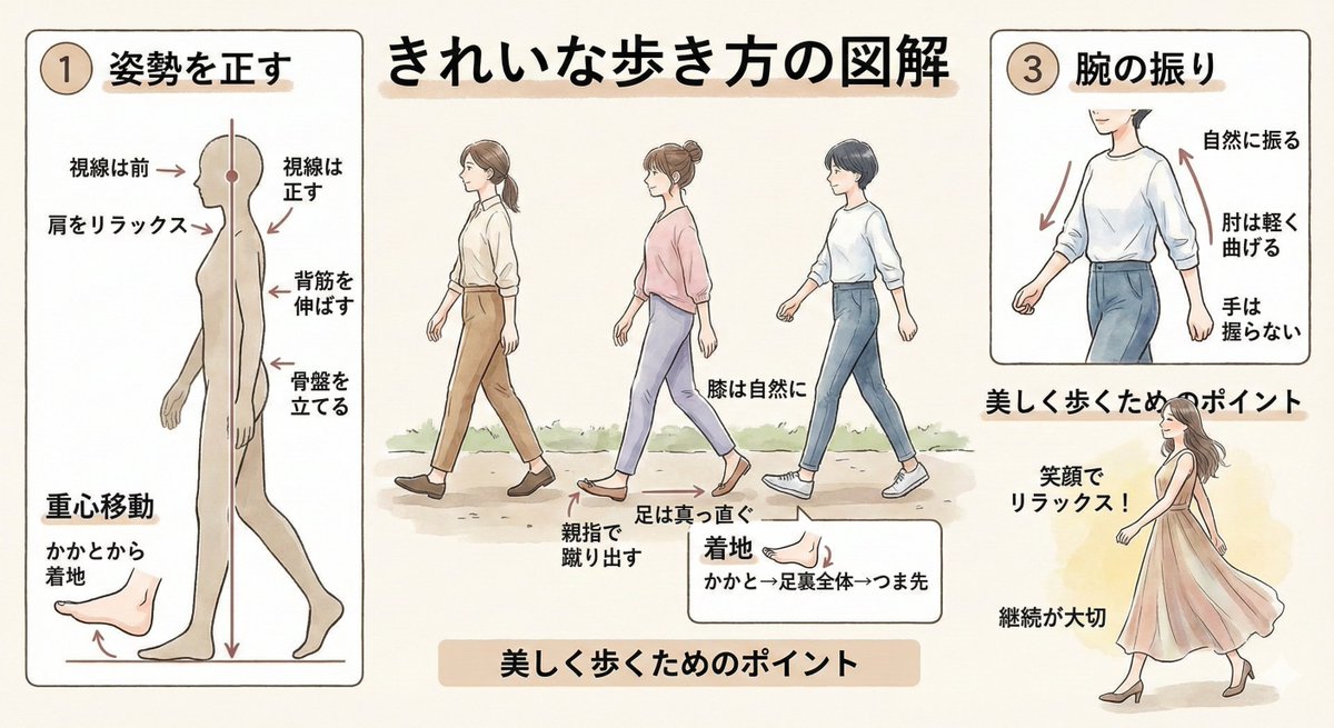 Diagram explaining how to walk beautifully