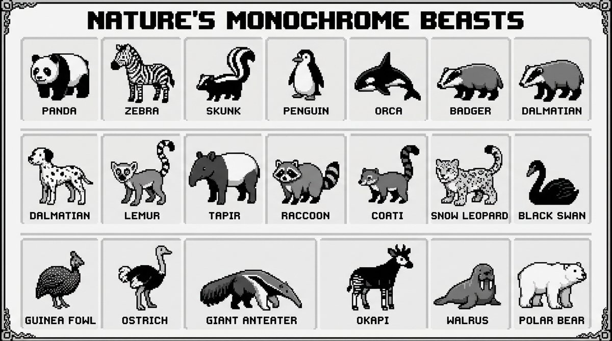 16-bit pixel art poster of black-and-white animals